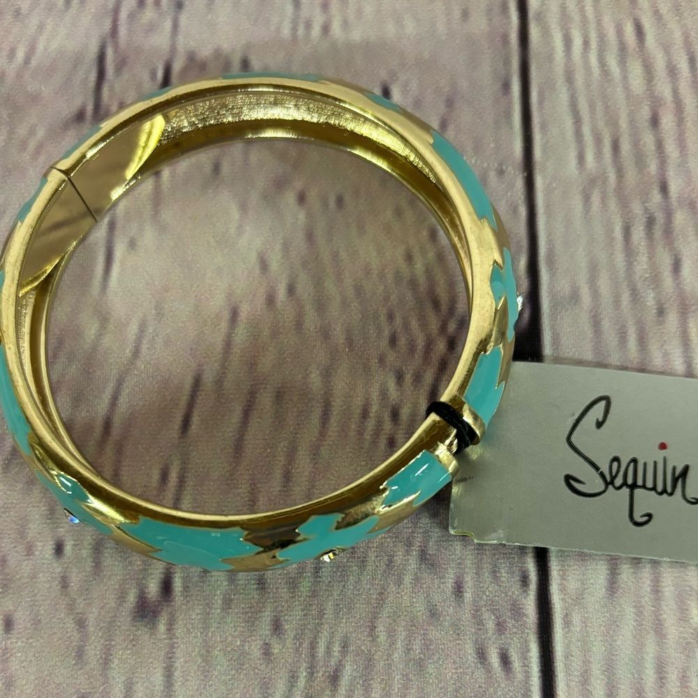 NWT Sequin for Nordstrom Turquoise Gold Color Enamel Hinged Bangle Bracelet